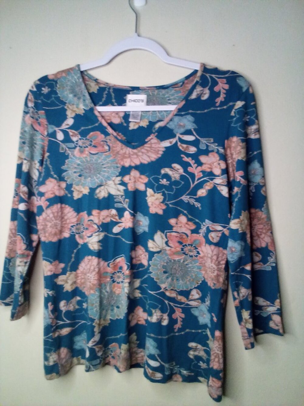 Chico's Blouse Women 0 S 3/4 Sleeve V-Neck Floral Pattern Blue Pink